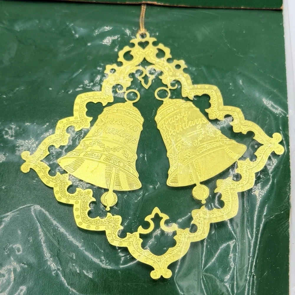 VTG Solid Brass Double‎ Bells Christmas Holiday Ornament Filigree Frame USA NOS